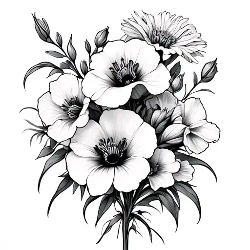 gladiolus, poppy, aster and morning glory flowers intertwined tattoo design idea