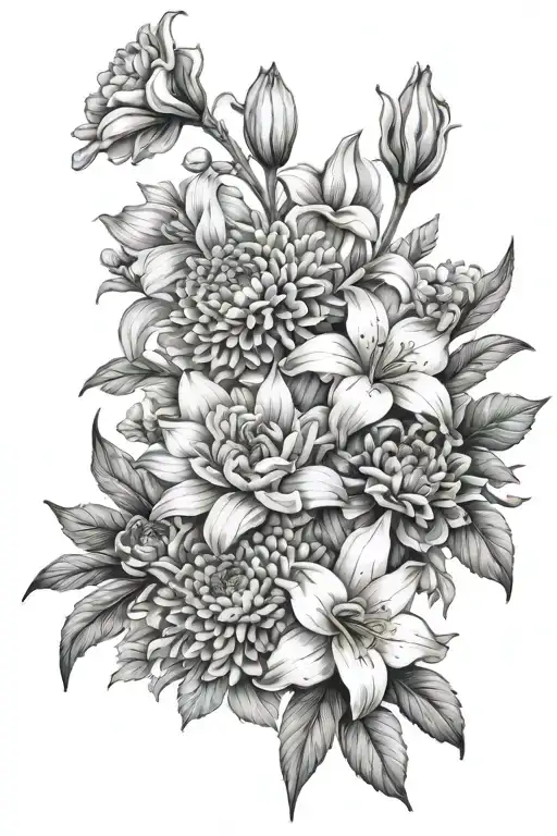 marigold, Gladiolus,daisy, chrysanthemum, daffodil, carnation bouquet tattoo design idea
