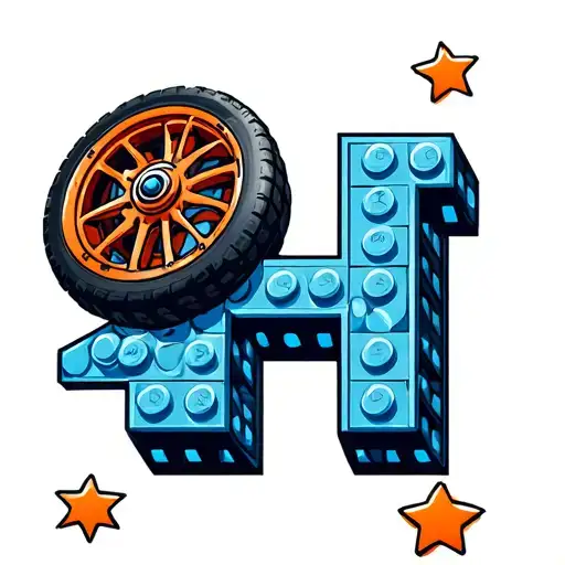 The letter H with a wheel leaning against the side, a small lego creation on the other side, blue and orange stars in th tattoo design idea