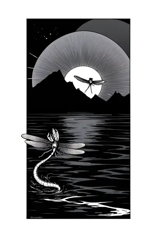 Japanese Rising Sun with a dragonfly surrounded tattoo design idea