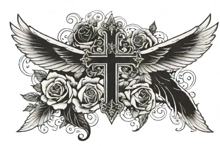 cross surroundedby wings with roses on each side  tattoo design idea