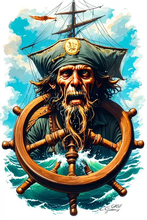 Davy jones at the helm as the Flying Dutchman starts going underwater tattoo design idea