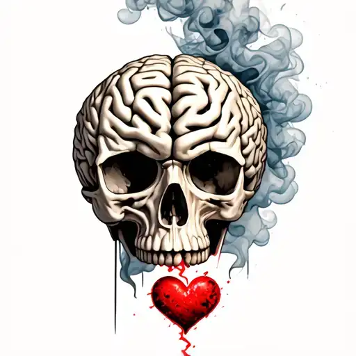 overthinking brain from a skull with fuming with smoke that has a broken heart tattoo design idea