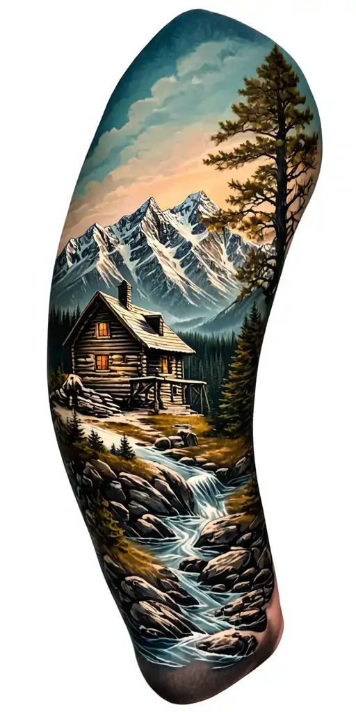 A detailed mountain landscape with a nestled cabin and a hidden hunting scene incorporated within the design tattoo design idea