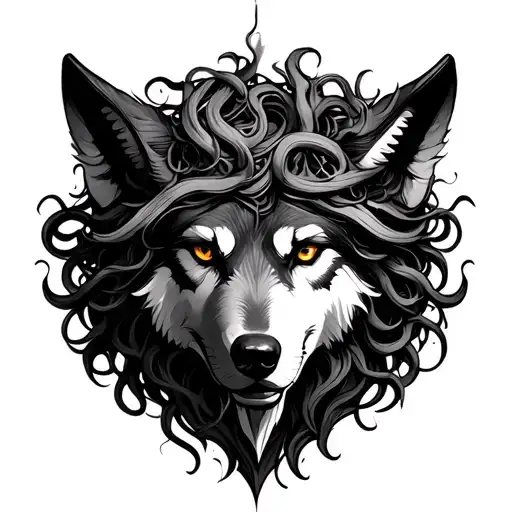 Medusa head and wolf  tattoo design idea