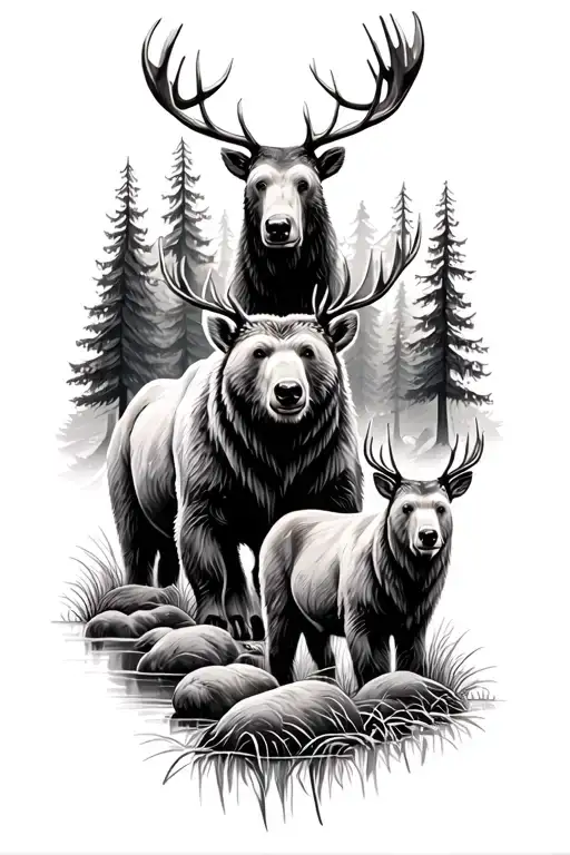 bears moose and deers with in forest with trees in the background with a rice going through the forest tattoo design idea