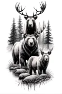 bears moose and deers with in forest with trees in the background with a rice going through the forest tattoo design idea