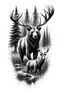 bears moose and deers with in forest with trees in the background with a rice going through the forest tattoo design idea