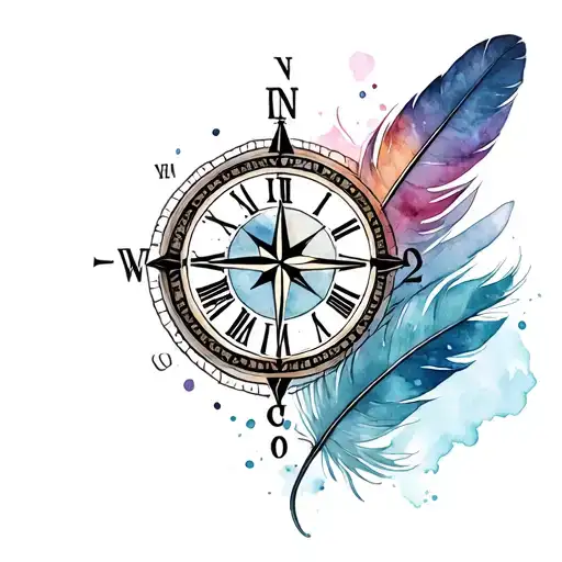 clock, compass intertwined feather tattoo design idea