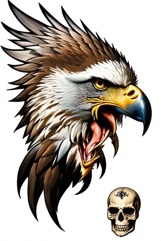 angry eagle head on side view with skull belo and roman 157  tattoo design idea