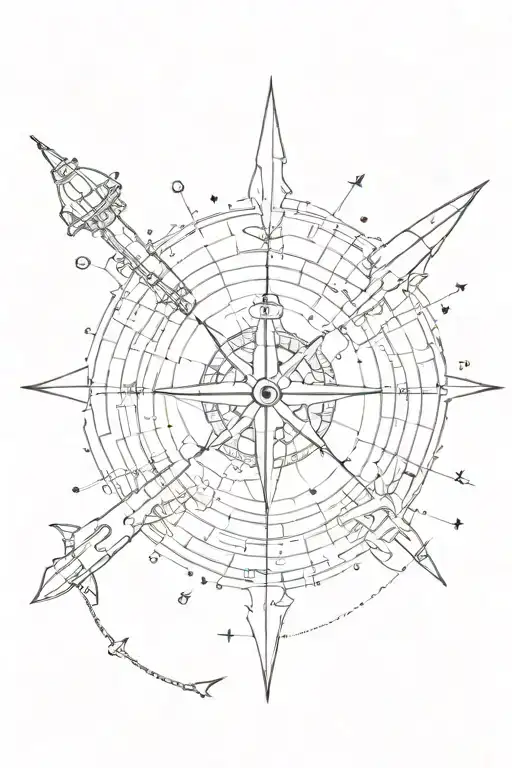 a compass with a trident underneath, a submarine and a planisphere tattoo design idea