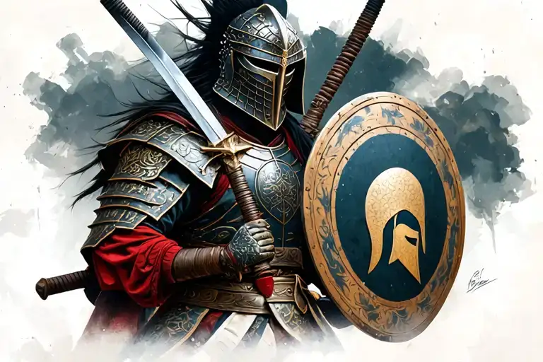 A fierce samurai warrior in detailed armor with a Spartan helmet, blending Japanese katana swords with a Spartan shield, tattoo design idea
