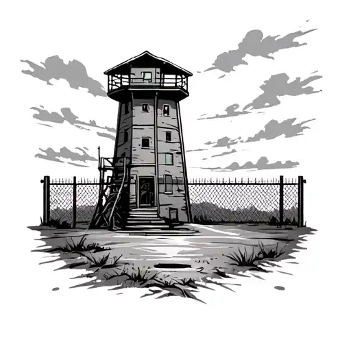 State Prison Watch Tower with link fence and Hillbilly HustlerEmphiazed in between prison towers tattoo design idea