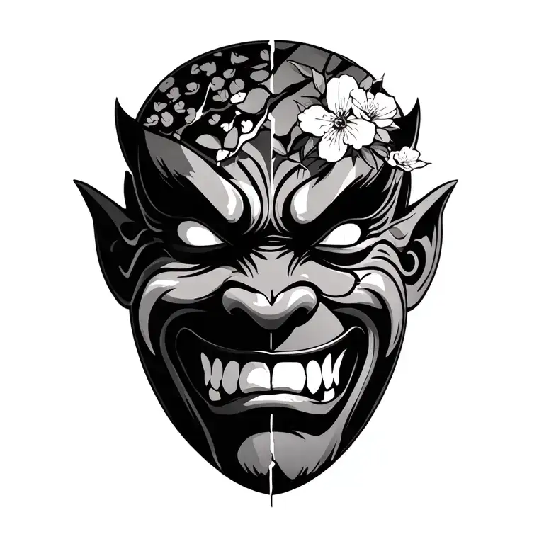 broken Oni mask with cherry blossoms background black tattoo design idea