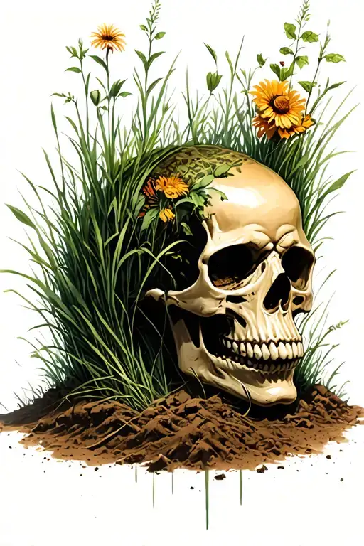 skull partiality sunk in the dirt with grass and plants growing in and over it. "Not all of me shall die" tattoo design idea