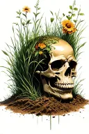 skull partiality sunk in the dirt with grass and plants growing in and over it. "Not all of me shall die" tattoo design idea