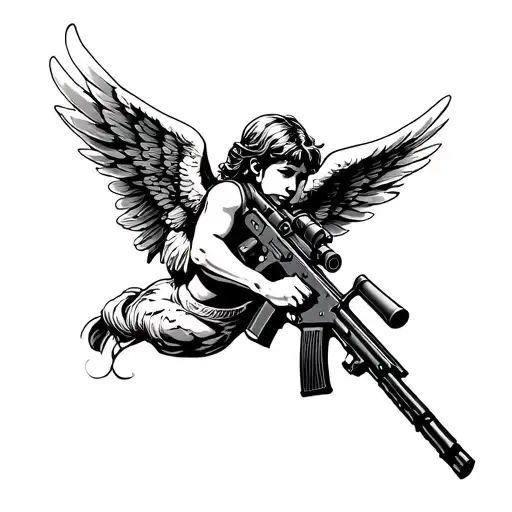 Black tattoo sketch. Guardian angel aiming at a sniper rifle. Sniper rifle SVD tattoo design idea