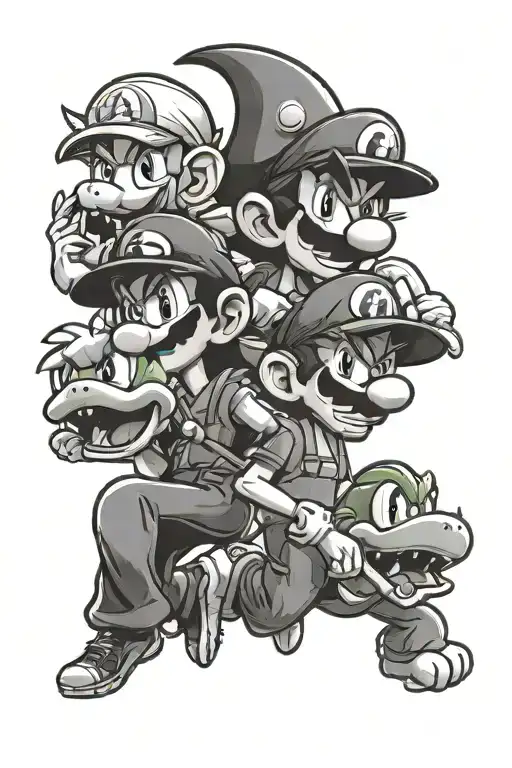 peach, waluigi, Luigi, and yoshi tattoo design idea