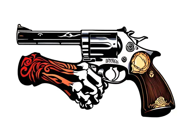 gun and black bone hand tattoo design idea
