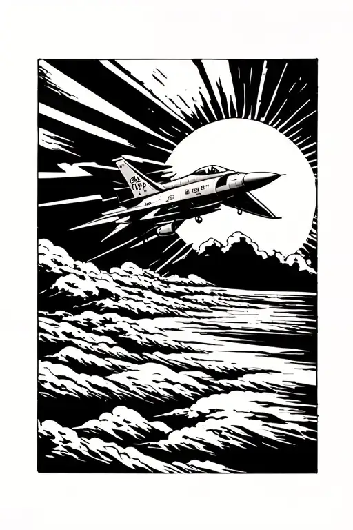 fighter jet flying towards the sun tattoo design idea