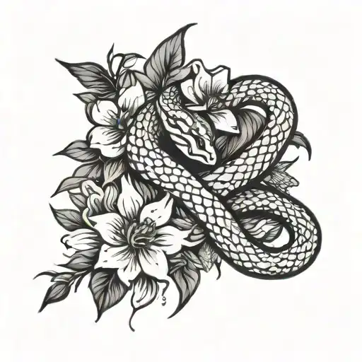 cute small snake slithering up a skinny sword dripping with some flowers at the bottom tattoo design idea