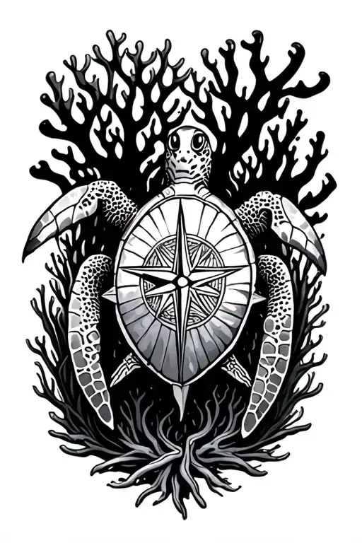 corals, turtle, compass, tattoo design idea