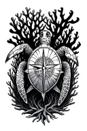 corals, turtle, compass, tattoo design idea