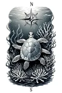corals, turtle, compass, tattoo design idea