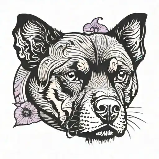 short hair Rottweiler dog , purple butterfly resting tattoo design idea