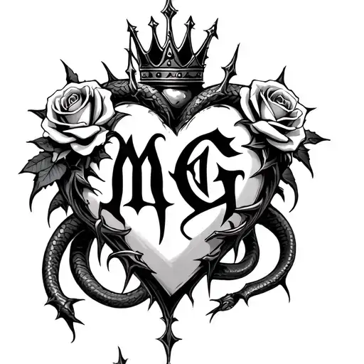 "M G" Gothic-style heart entangled with thorns, topped with a crown, four roses, and two angry snakes with Gothic-style letter tattoo design idea