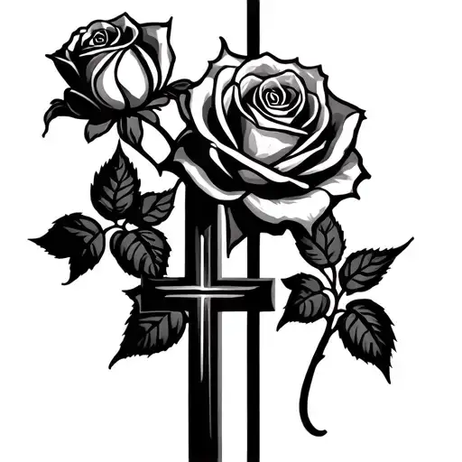 roses with three crosses in negative space in front tattoo design idea