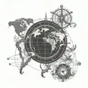 Spherical nautical chart front world view, all continent traditional sailor style with seductive siren laying on border  tattoo design idea