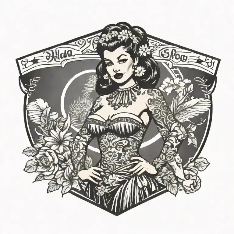 pin up girl in a hula skirt standing sexually with tattoos and head dress  tattoo design idea