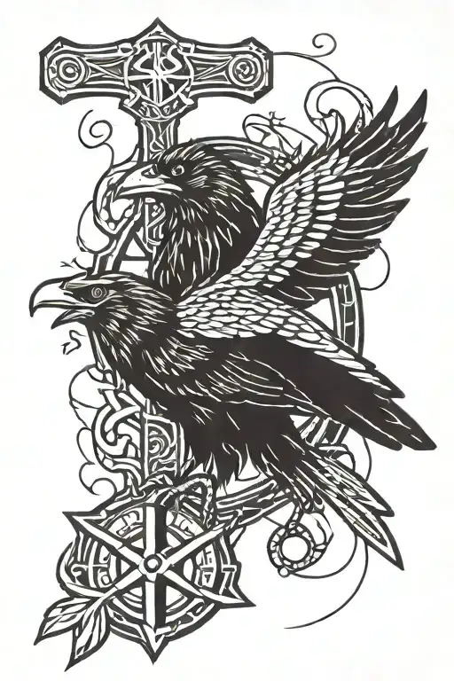 Vegvisir against the background of a crow with Mjolnir and lightning  tattoo design idea