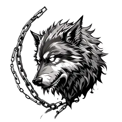 Full-arm tattoo sleeve of Fenrir, the giant Norse wolf, in dynamic battle pose, chains breaking around him, glowing eyes tattoo design idea