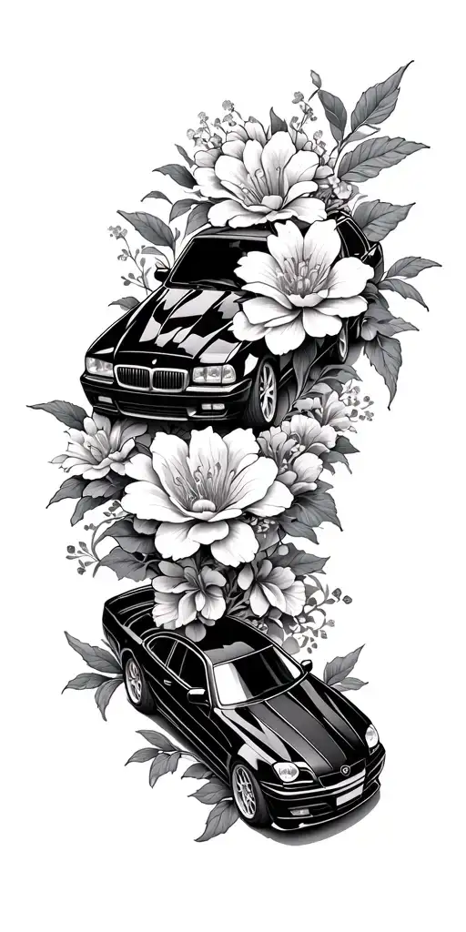 Japanese cars and flowers intertwined tattoo design idea