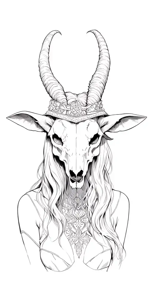 witch with goat skull wearing on top of her head  tattoo design idea