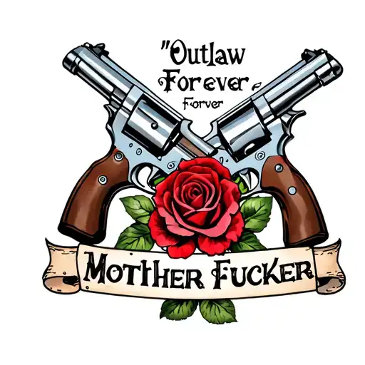 "Outlaw Forever Mother Fucker" "Outlaw Forever Mother Fucker" 2 pistols crossing each other with 5 large red roses and a banner  tattoo design idea