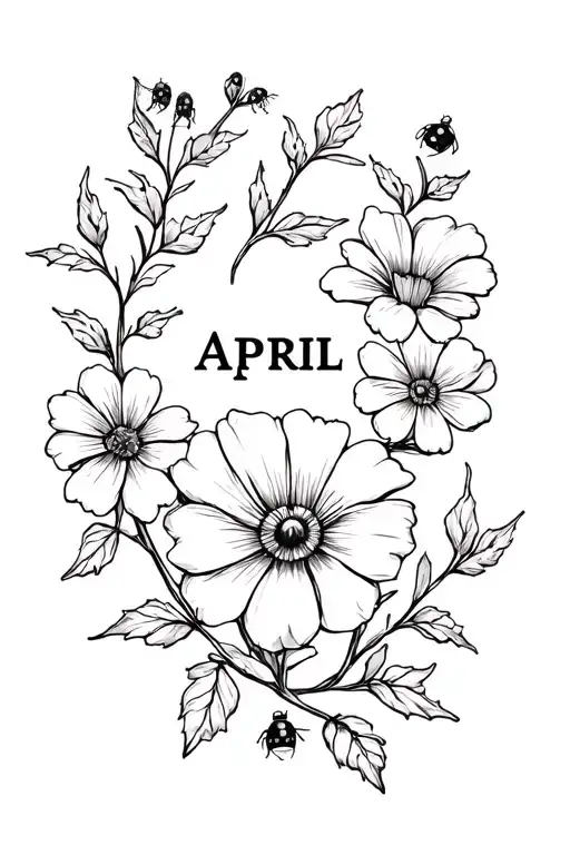 flowers that represents the month "april" along with flowers and vines that represent love and lady bugs tattoo design idea
