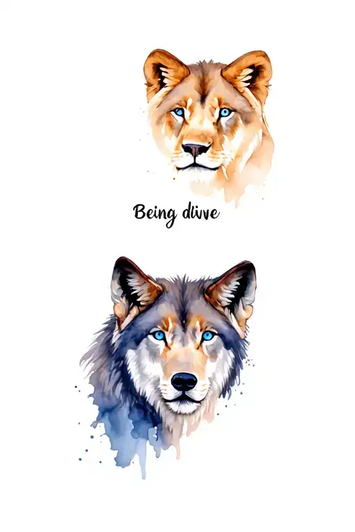 "Being divine" a wolf with blue eyes and in the same picture a lion with one blue eye and one brown eye tattoo design idea