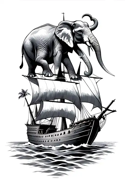 Laos elephant on top  and German Viking boat sailing under it. tattoo design idea