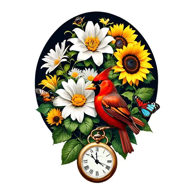 Rose, lily, daisy, sunflower, a cardinal, a bumblebee, a pocket watch, and a butterfly  tattoo design idea