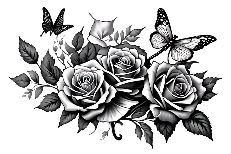 4 roses wrapped loosely, ribbon intertwined, dragonfly, butterfly tattoo design idea