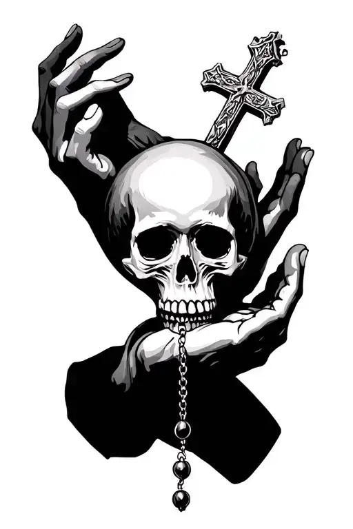 Virgin Mary skull praying hands holding rosary with upside down cross tattoo design idea