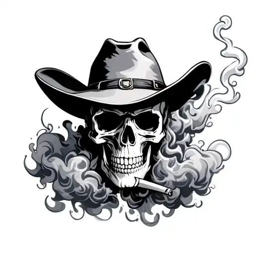 a cowboy skull smoking a joint surrounded by smoke tattoo design idea