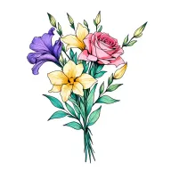 dainty fine line bouquet tattoo gladiolus, sweet pea, rose, daffodil with a little bit of color add purples pinks blues tattoo design idea