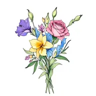 dainty fine line bouquet tattoo gladiolus, sweet pea, rose, daffodil with a little bit of color add purples pinks blues tattoo design idea
