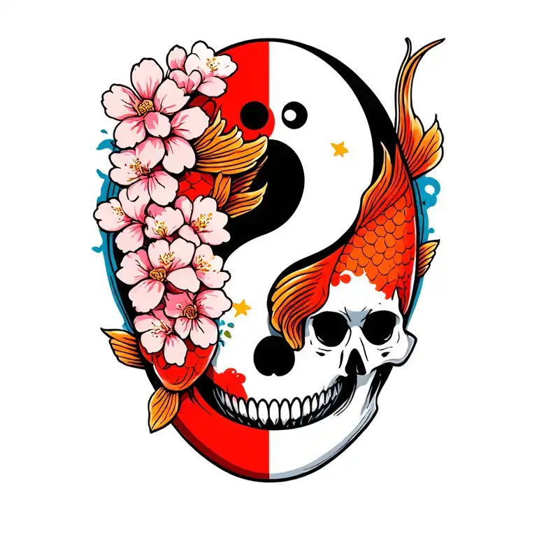 yin yang koi fish skull flag cherry blossom tattoo design idea