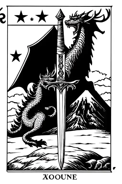 tarot card featuring dragon, a sword, a stag, and mountain with three stars above it.  tattoo design idea