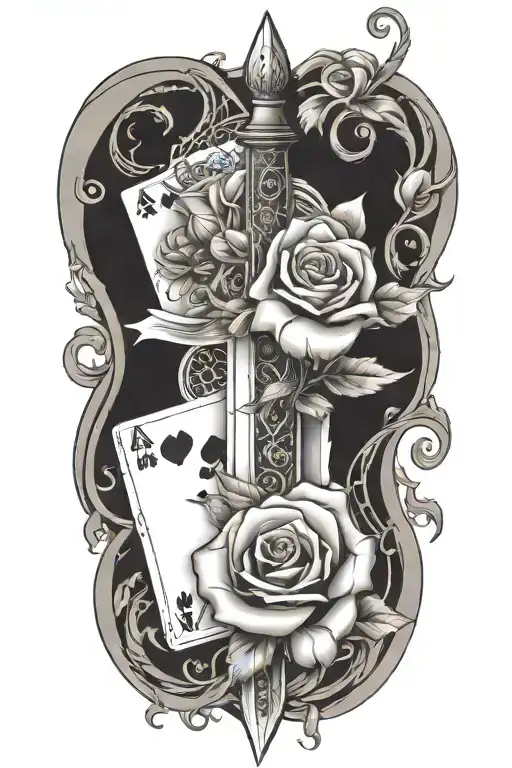dagger going threw rose and vines wrapped around it with suits of cards etched in the blade  tattoo design idea